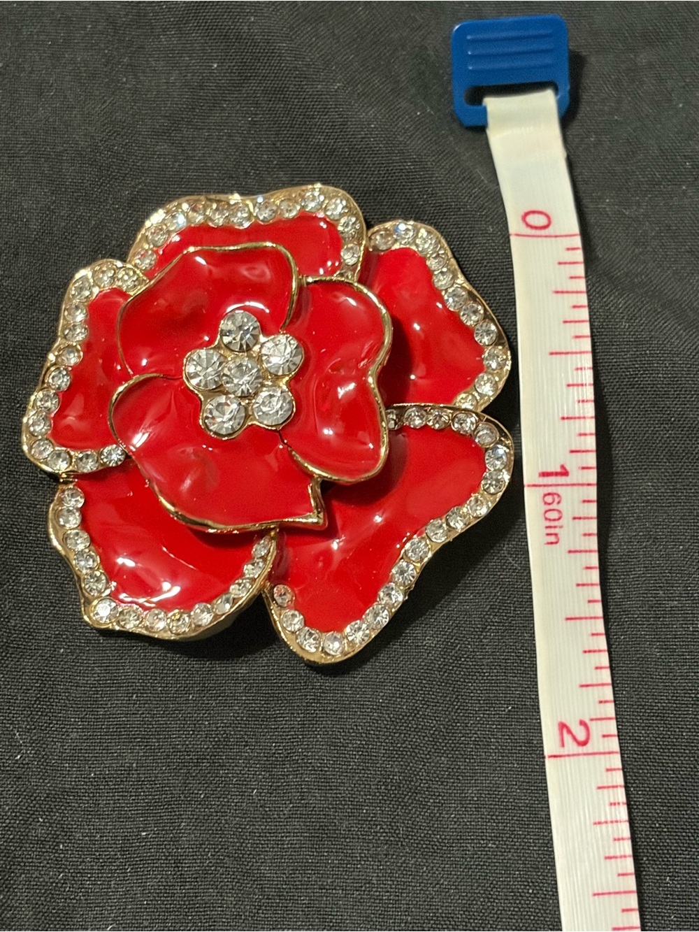 Red Enamel Floral Brooch with Crystal Accents - Picture 6 of 6
